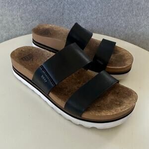 Reef Cushion Vista Hi Sandals Size 8 Black Vegan Leather Slip On Platform Cork